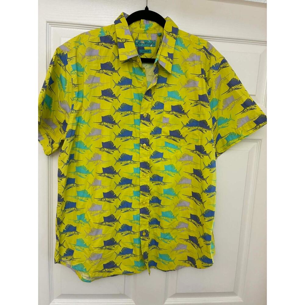 Joe Marlin XL Tapered Fit Sailfish Shirt Yellow Short Sleeve Button‎ Up